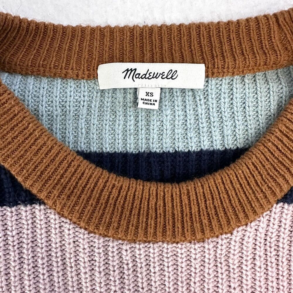 Madewell Pullover Sweater XS Pocket Rainbow Stripe Thompson Hi Low Fawn Boxy - Picture 5 of 11